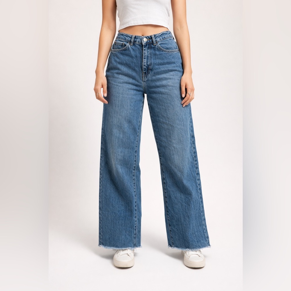 BDG Blue Flare Wide Leg Jeans with high-rise and raw hem